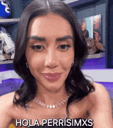 a woman wearing a necklace says hola perrisimxs on her face