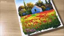 a painting of a house in a field of flowers with wow art written above it