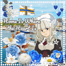 a picture of a girl with the words " home is where the heart is " on it