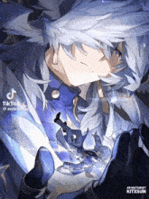 a drawing of a man with white hair and blue eyes is being held by a person