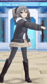 a girl is dancing in front of a sign that says 2nd side on it