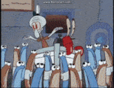 squidward from spongebob is standing in front of a group of snails