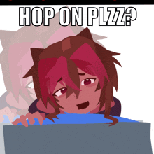 a cartoon of a girl with red hair and the words hop on plzz on the bottom