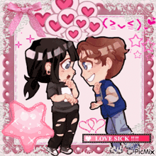 a cartoon drawing of a boy and a girl with the words love sick below them