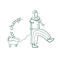 a drawing of a person walking a dog with the words " for change " in the circle
