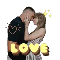 a man and a woman are kissing with the word love above them