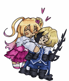a drawing of a girl hugging a man with a lightning bolt on his back