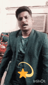 a man in a suit is standing in front of an air conditioner with a star in the corner
