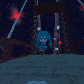 a girl with blue hair is standing on a bridge at night