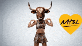 a woman with a bull 's head is flexing her muscles in front of a mbl heart