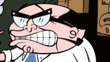 a close up of a cartoon character with glasses and the number 9