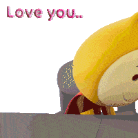 a yellow teddy bear with a red cape and the words love you behind it