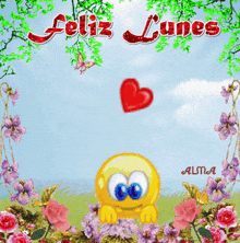 a feliz lunes greeting card with a red heart