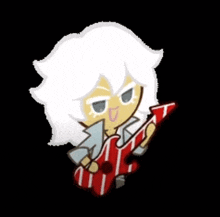 a cartoon character with white hair is holding a red and white striped guitar .
