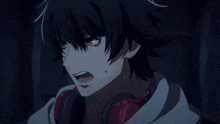 a black haired anime character with red eyes and headphones around his neck