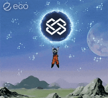 a cartoon character is flying through the air holding a sphere with the letter s in it