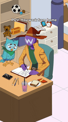 a man in a witch hat sits at a desk writing in a notebook while a blue owl sits next to him