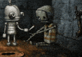 two cartoon robots are shaking hands in a room