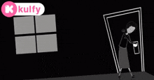 a cartoon of a woman standing in front of a door with a kulfy logo in the corner