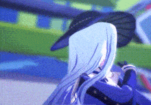 a cartoon character with long blue hair and a black hat is standing in front of a plane .