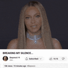 a screenshot of a video by beyonce titled " breaking my silence "