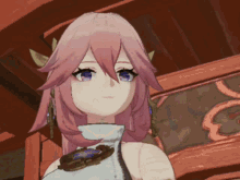 a girl with pink hair and purple eyes is smiling