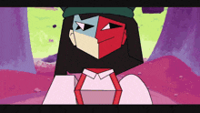a cartoon character with a red and blue face and a green hat