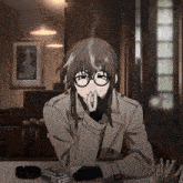 a drawing of a girl with glasses smoking a cigarette with an ashtray on the table