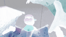 a cartoon drawing of a bird with a pink and blue feathered head