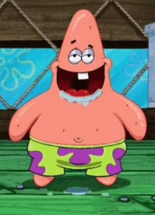 patrick star from spongebob squarepants is standing on a wooden dock with his mouth open and smiling .