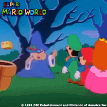 a super mario world video game screen shows a witch and princess peach