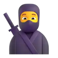 a purple ninja with a yellow face and a sword on his shoulder