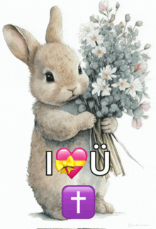 a picture of a rabbit holding a bouquet of flowers with the words i love u above it