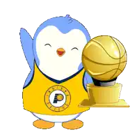 a penguin wearing a pacers jersey is holding a basketball