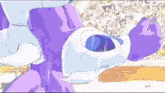 a cartoon drawing of a purple and white robot in front of a crowd