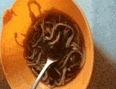 a bowl of noodles with a spoon in it and the letter c visible