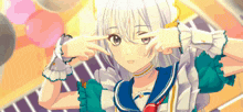 a white haired anime girl is making a peace sign with her hands