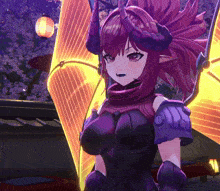 a girl with purple hair and horns stands in front of a lantern