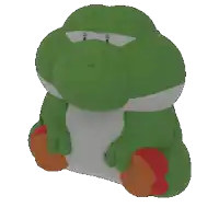 a stuffed yoshi with a sad look on his face sits on a white background