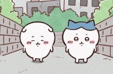two cartoon characters are standing next to each other and one has a blue hat on his head