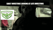 early investors looking at late investors with a skull in a car
