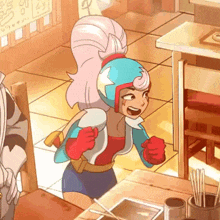 a cartoon girl in a superhero costume is sitting at a table with chopsticks .