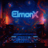a neon sign that says elmonx is above a dj mixer