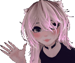 a girl with pink hair and cat ears is waving her hand in the air .