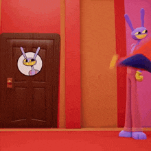 a cartoon character is holding a sword in front of a wooden door