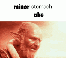 a picture of a man with a beard and elf ears with the words minor stomach ake above him