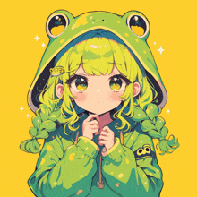 a girl with green hair is wearing a green frog hooded jacket