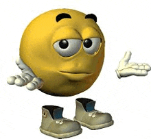 a cartoon smiley face with arms and legs is wearing shoes and gloves .