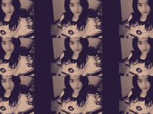 a black and white photo of a girl wearing a shirt with the letter a on it