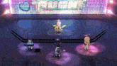 a group of cartoon characters on a stage with a sign that says ' rock ' on it